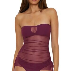 Becca‎ Muse Mixed Media Bandeau Tankini Top Plum Mesh Ruched Swimwear Medium